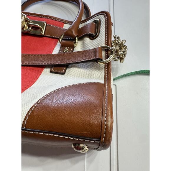 Michael Kors Hamilton Mono Red Stripe Canvas Leather Tote Large Lock Chain - Picture 8 of 10